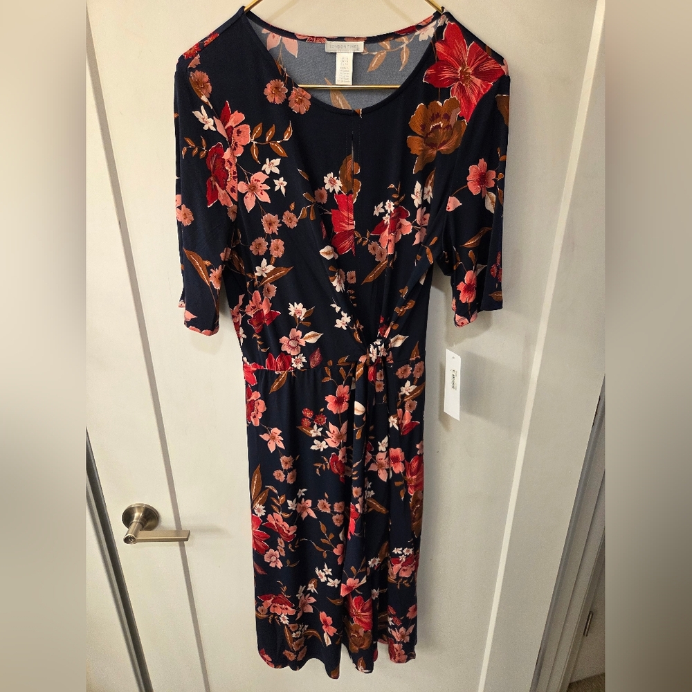 NWT-London Times Navy/Red Floral Elbow Sleeve Side Tie Fit & Flare Midi Dress-14 - Picture 6 of 16